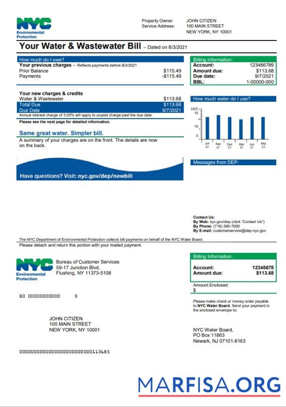 Downloadable USA The New York City Department of Environmental Protection (DEP) utility bill template in Word and PDF format